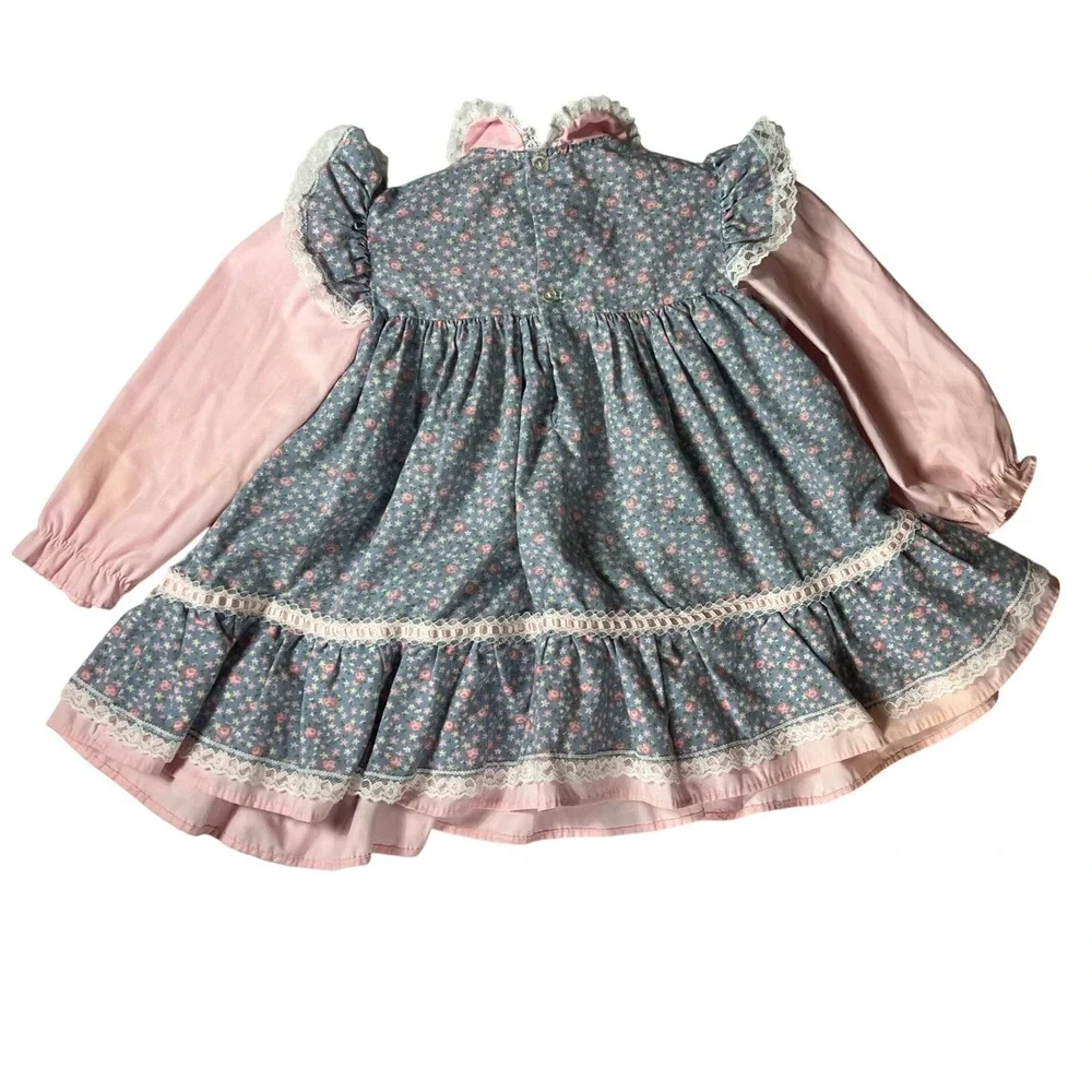 Vintage Floral Prairie Dress Toddler Size 3T Pink Blue Lace Trim Embroidered